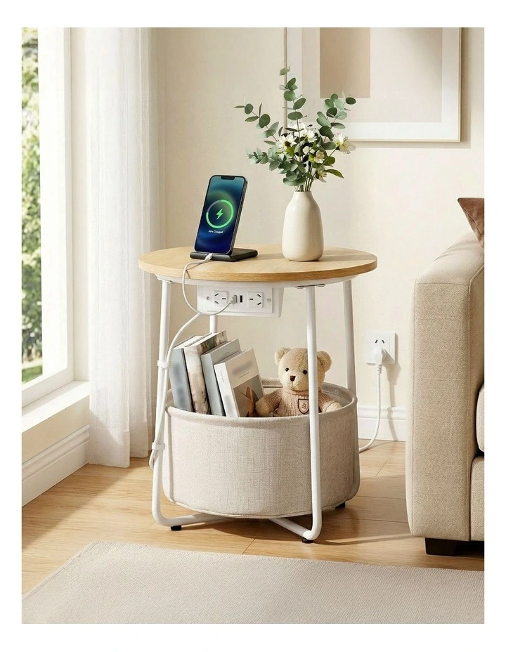 Artiss Round Coffee Table Side End Table Charging Station Storage Basket image 3