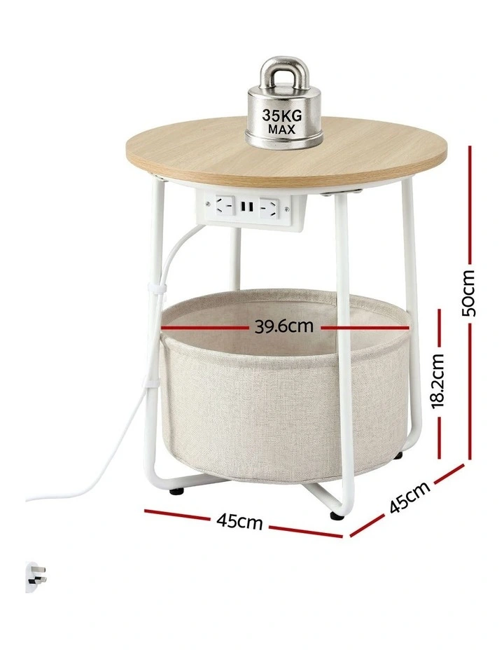 Artiss Round Coffee Table Side End Table Charging Station Storage Basket image 4