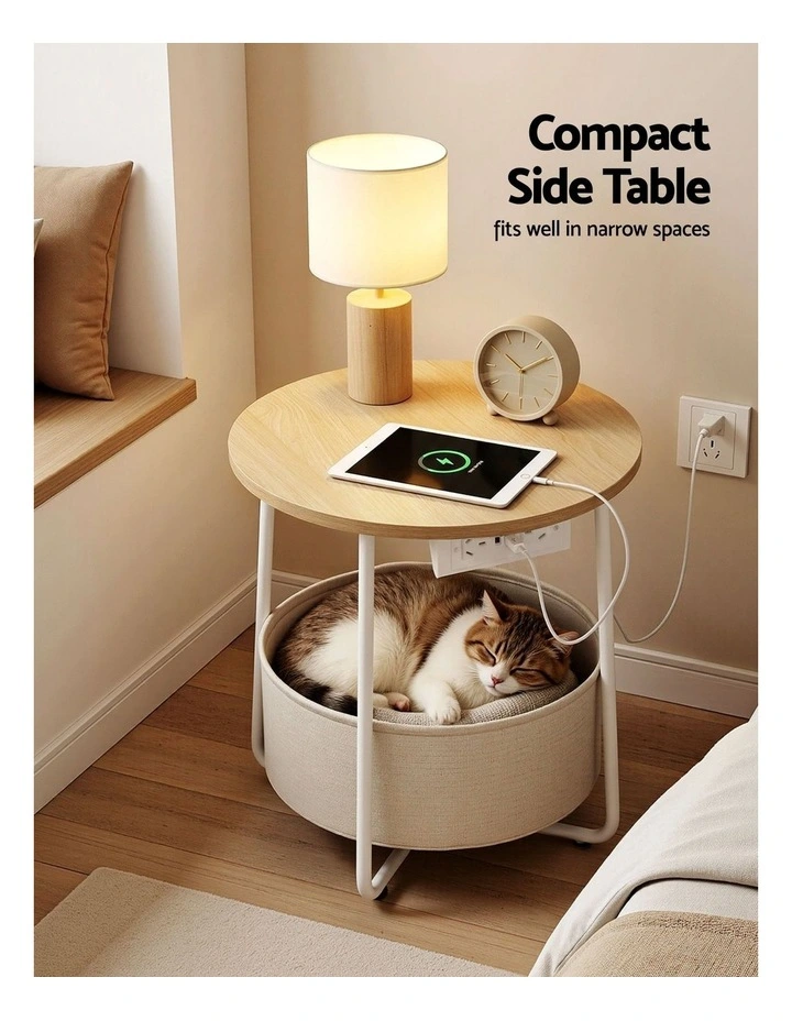 Artiss Round Coffee Table Side End Table Charging Station Storage Basket image 5