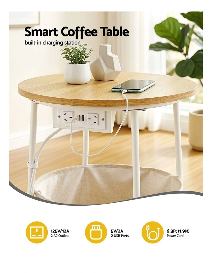 Artiss Round Coffee Table Side End Table Charging Station Storage Basket image 6