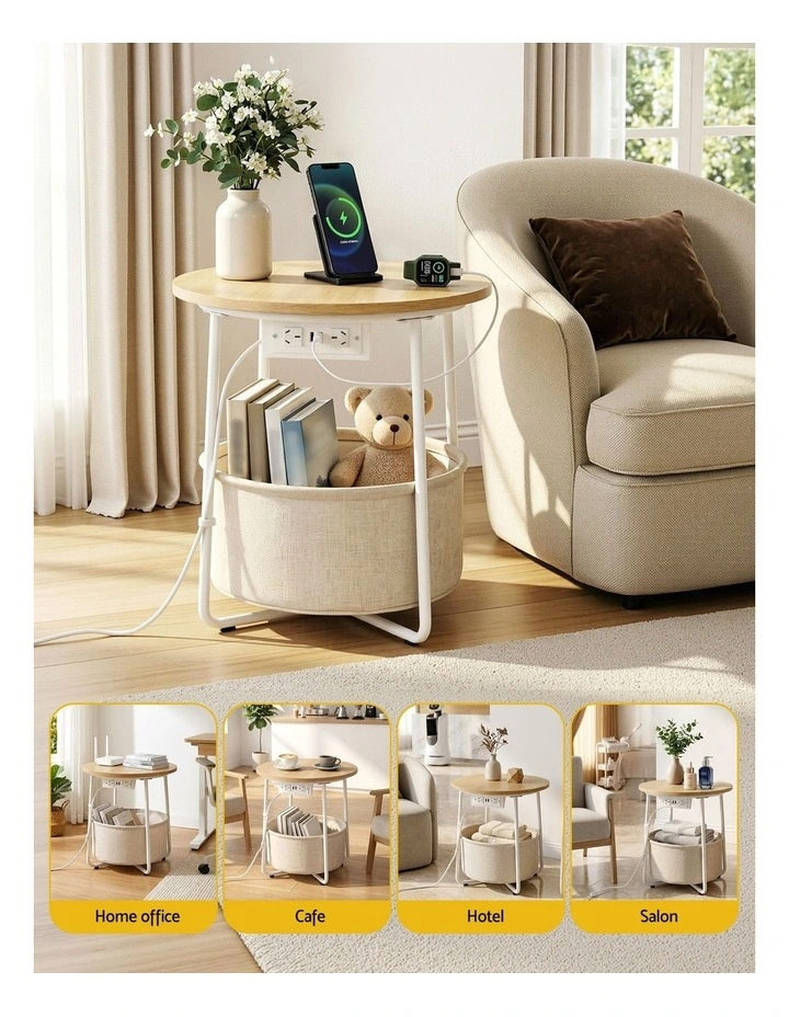 Artiss Round Coffee Table Side End Table Charging Station Storage Basket image 7