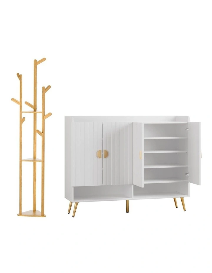 Artiss Shoe Rack Cabinet & Clothes Rack Set Storage Shelf White Pine image 1