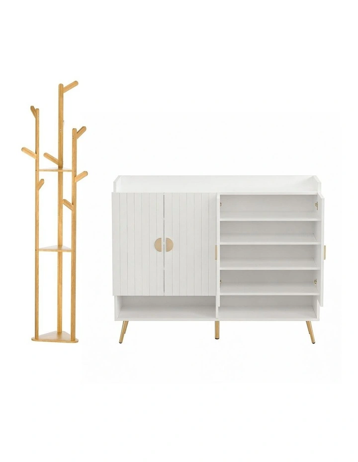Artiss Shoe Rack Cabinet & Clothes Rack Set Storage Shelf White Pine image 3