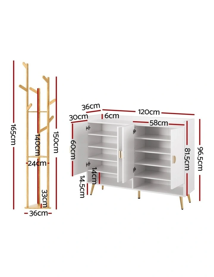 Artiss Shoe Rack Cabinet & Clothes Rack Set Storage Shelf White Pine image 5