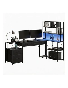 Artiss 200cm L Shaped Gaming Desk Computer Desk with LED Lights & Power Outlets