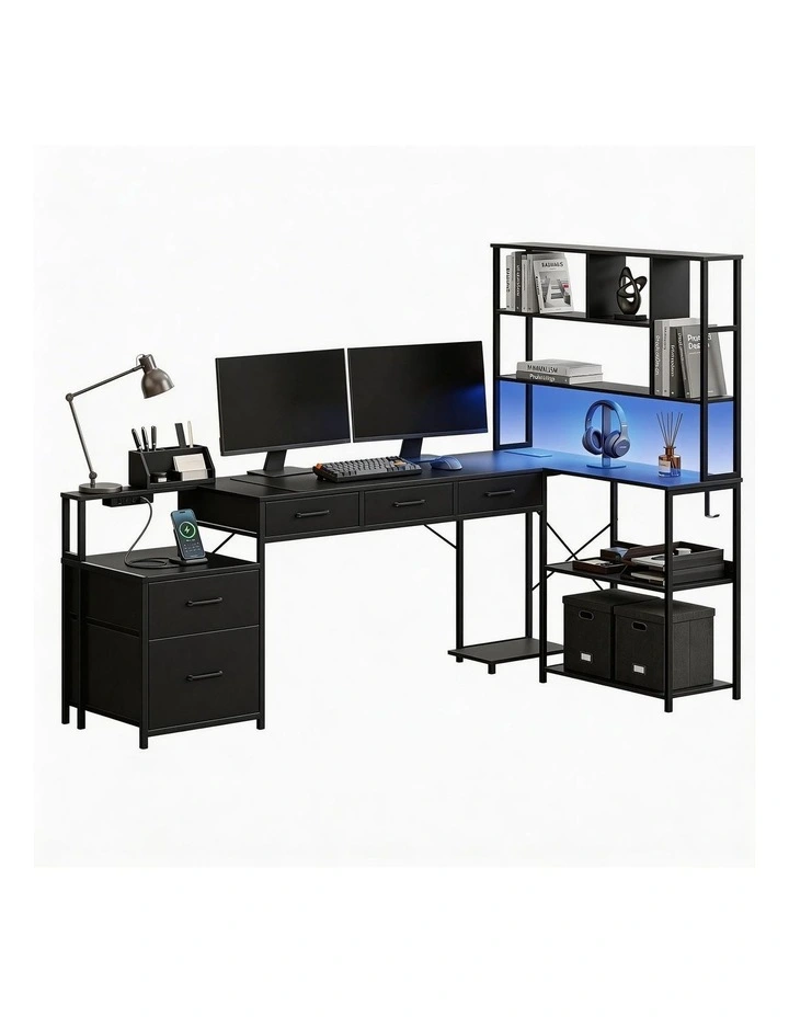 Artiss 200cm L Shaped Gaming Desk Computer Desk with LED Lights & Power Outlets image 1