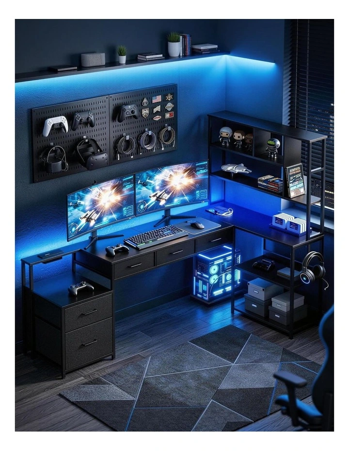 Artiss 200cm L Shaped Gaming Desk Computer Desk with LED Lights & Power Outlets image 4