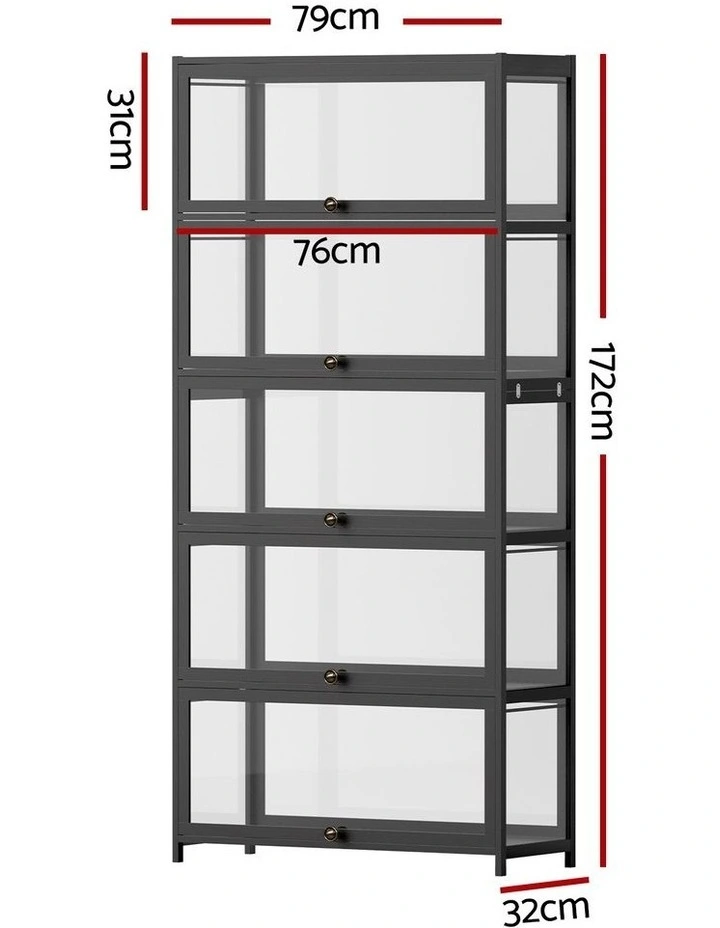 Artiss 5-Tier Display Cabinet Storage Bookshelf Clear Shelf Black image 4