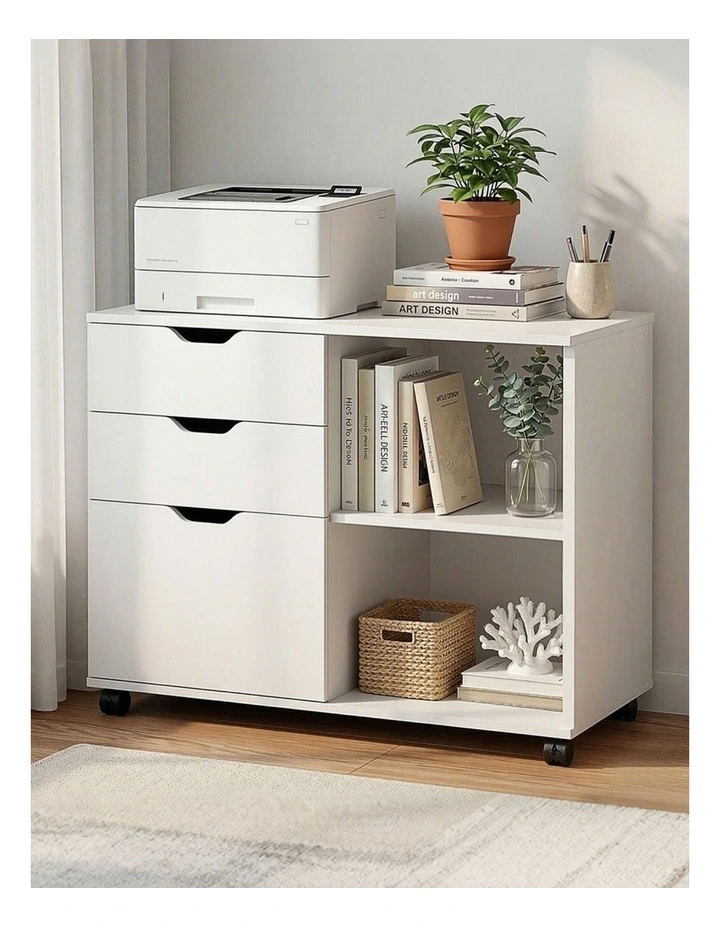 Artiss 3 Drawer Mobile Filing Cabinet Printer Stand Cabinet Home Office Storage White image 4