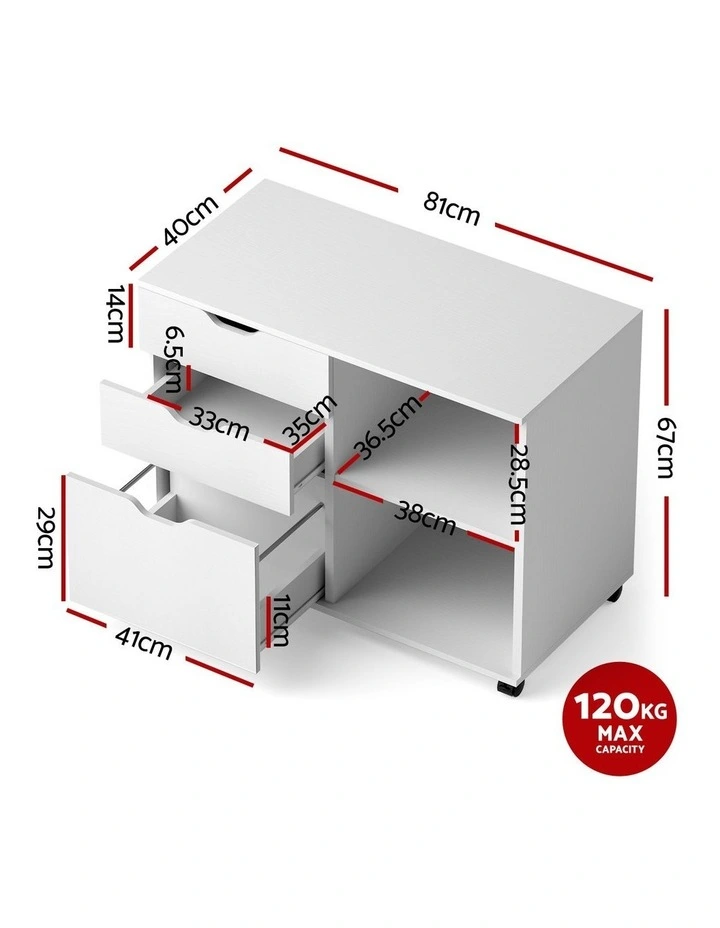 Artiss 3 Drawer Mobile Filing Cabinet Printer Stand Cabinet Home Office Storage White image 5