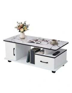 Artiss Coffee Table Marble Finish Center Table with Storage Drawer Cabinet Wood White