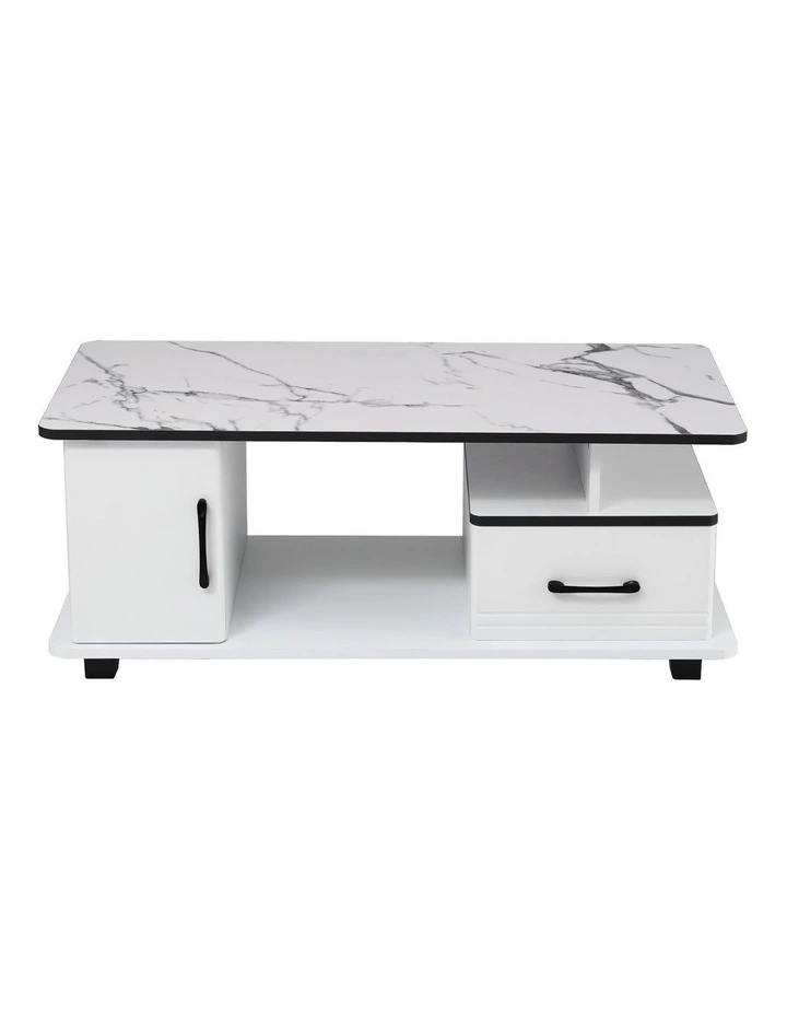 Artiss Coffee Table Marble Finish Center Table with Storage Drawer Cabinet Wood White image 2