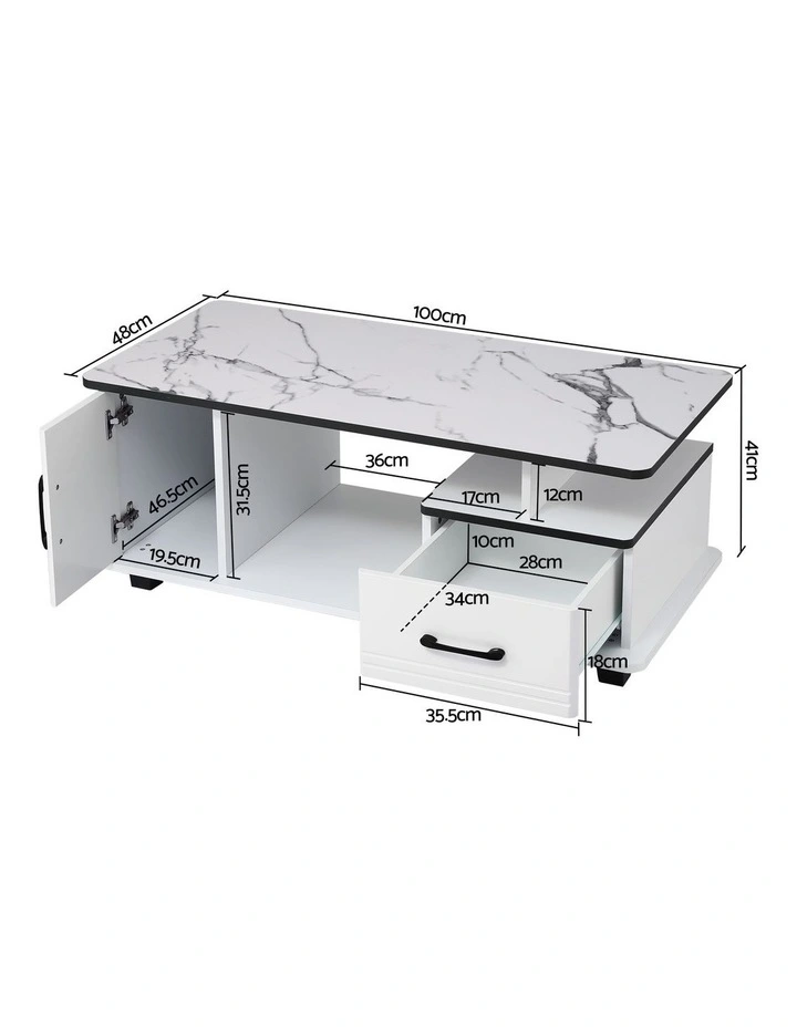 Artiss Coffee Table Marble Finish Center Table with Storage Drawer Cabinet Wood White image 3