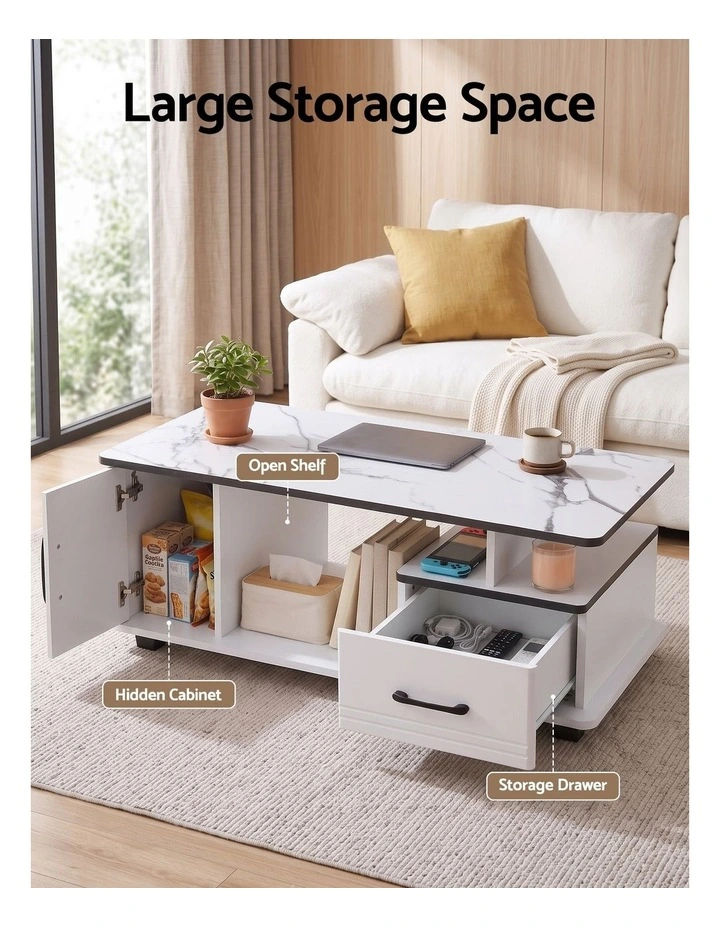 Artiss Coffee Table Marble Finish Center Table with Storage Drawer Cabinet Wood White image 4