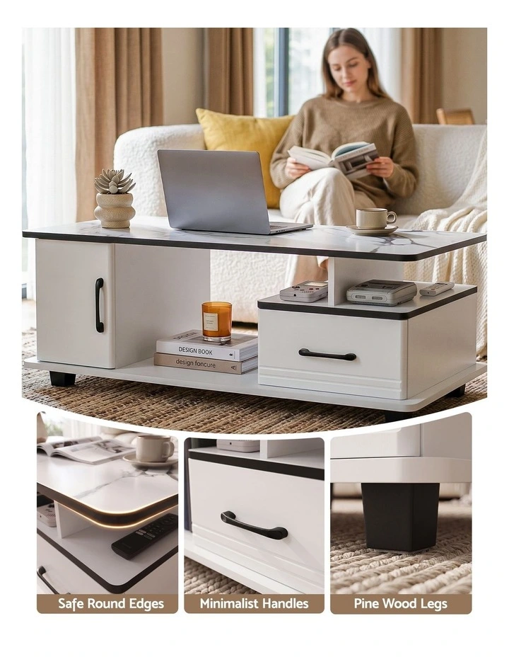 Artiss Coffee Table Marble Finish Center Table with Storage Drawer Cabinet Wood White image 5