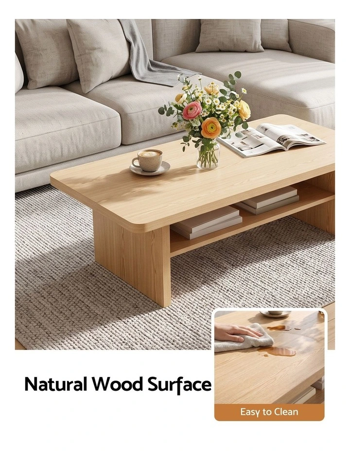 Artiss Coffee Table 110cm Center Table with 2-Tier Open Storage Shelf Wood image 5