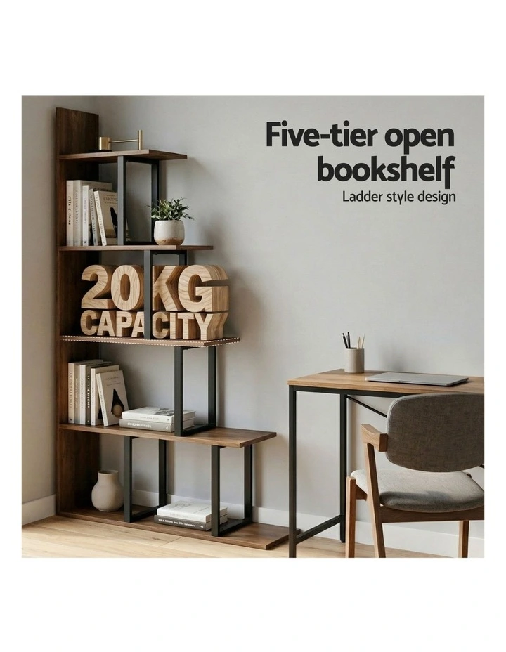 Artiss 5 Tiers Bookshelf Ladder Corner Shelf Bookcase Walnut image 6