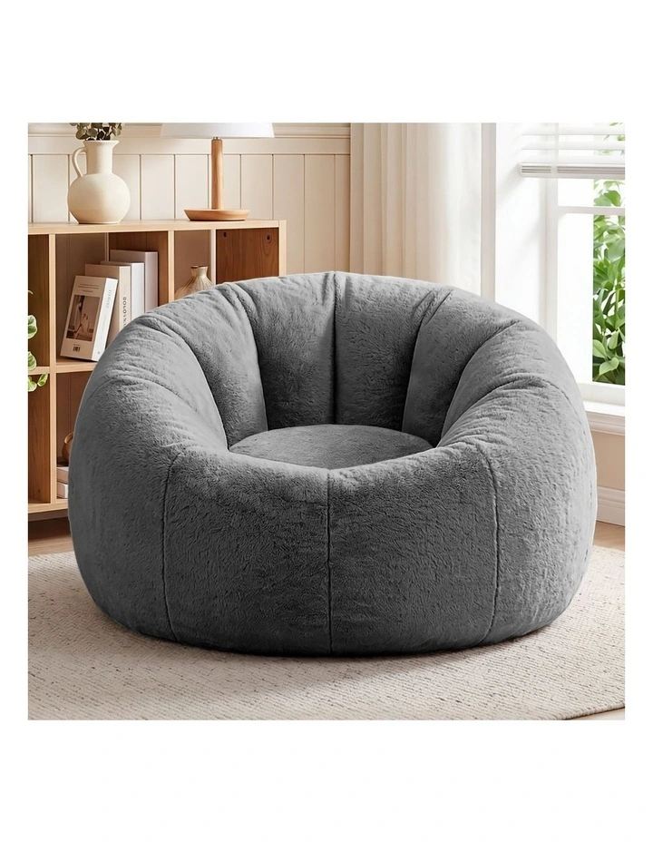 Artiss Large Round Faux Fur Bean Bag Chair Cover No Filler Washable Grey image 3