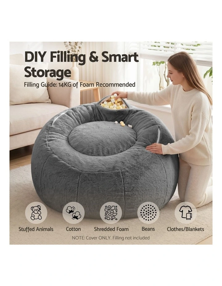 Artiss Large Round Faux Fur Bean Bag Chair Cover No Filler Washable Grey image 6
