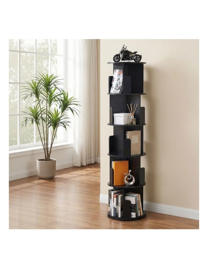 Artiss 5 Tiers Bookshelf Swivel Bookcase Display Shelves Stand Round Black image 4