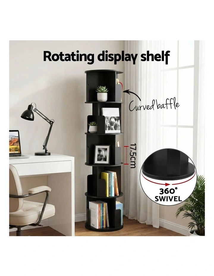 Artiss 5 Tiers Bookshelf Swivel Bookcase Display Shelves Stand Round Black image 6