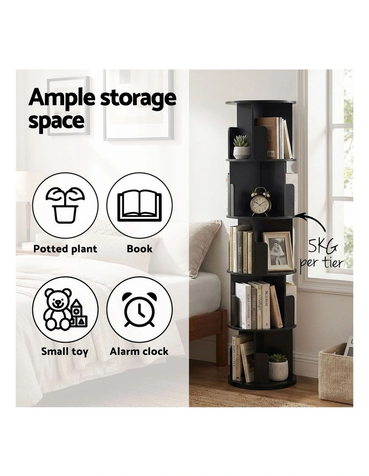 Artiss 5 Tiers Bookshelf Swivel Bookcase Display Shelves Stand Round Black image 7