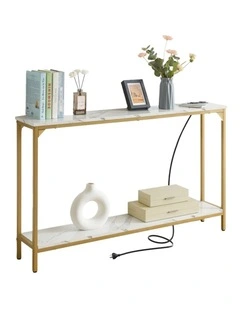 2 Tier Console Table with Power Outlets and USB Ports, Entryway Table with Charging Station & Shelf