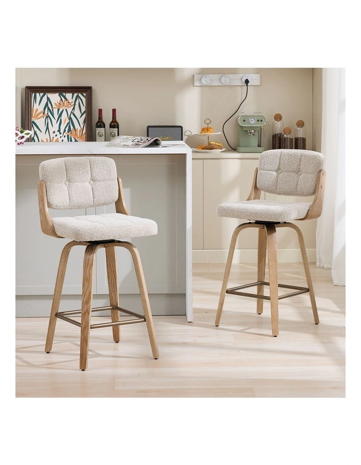 Set of 2 Swivel Bar Stools with Button Back, Upholstery Mid-Century Design Counter Stool image 2