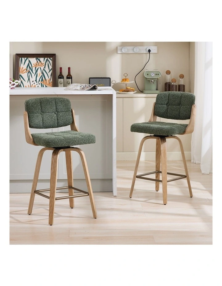 Set of 2 Swivel Bar Stools with Button Back, Upholstery Mid-Century Design Counter Stool image 2