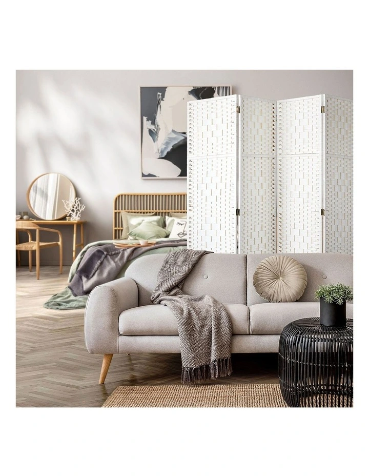 Oikiture 4 Panel Room Divider Screen Privacy Dividers Woven Wood Folding White image 5