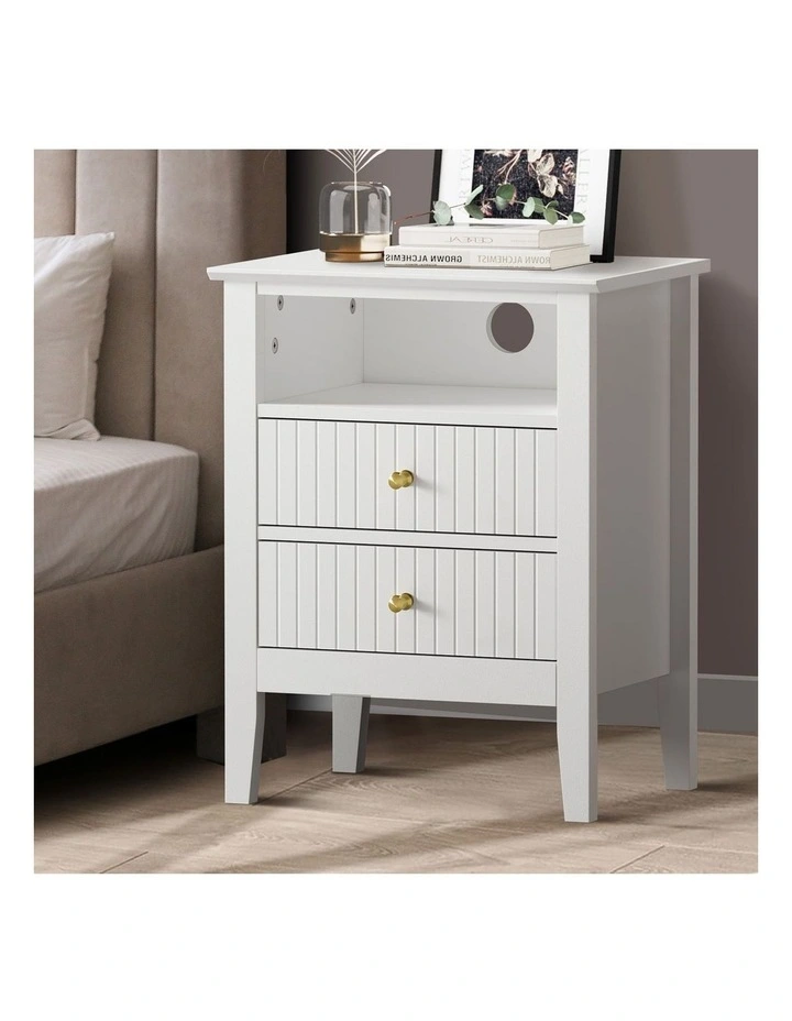 Oikiture Bedside Table Nightstand 2 Drawer with Shelf Storage Cabinet White image 4