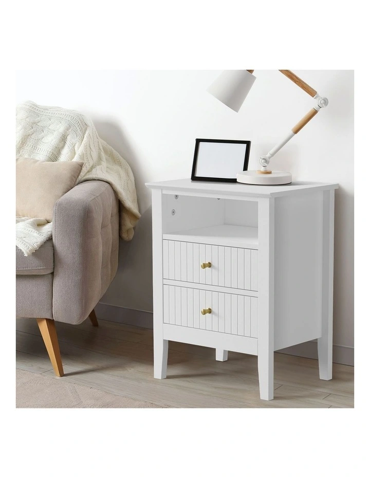 Oikiture Bedside Table Nightstand 2 Drawer with Shelf Storage Cabinet White image 5