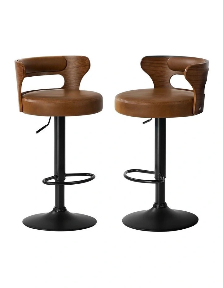 Oikiture 2x Bar Stools Kitchen Gas Lift Swivel Chairs Stool Wooden Leather Camel image 1