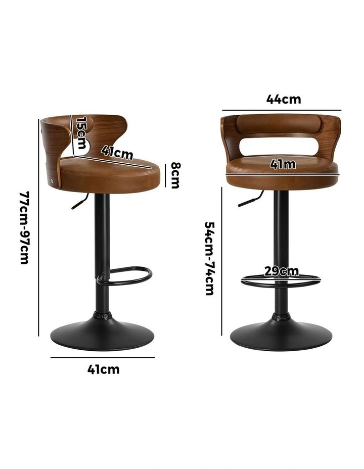 Oikiture 2x Bar Stools Kitchen Gas Lift Swivel Chairs Stool Wooden Leather Camel image 3