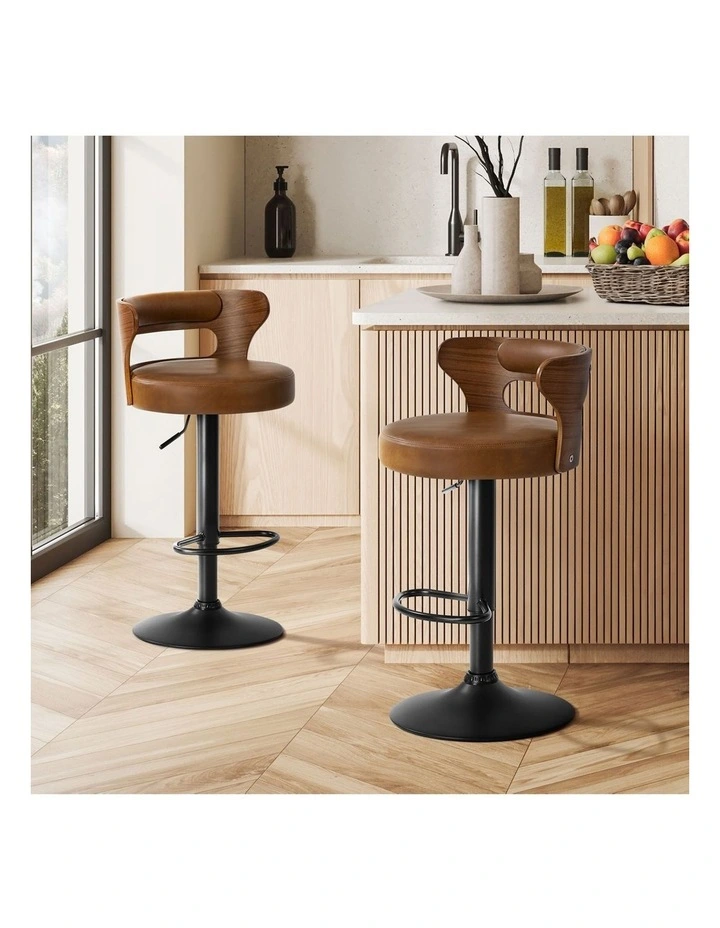 Oikiture 2x Bar Stools Kitchen Gas Lift Swivel Chairs Stool Wooden Leather Camel image 4