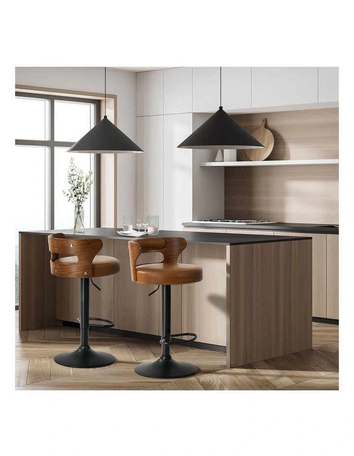 Oikiture 2x Bar Stools Kitchen Gas Lift Swivel Chairs Stool Wooden Leather Camel image 5