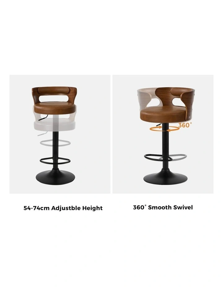 Oikiture 2x Bar Stools Kitchen Gas Lift Swivel Chairs Stool Wooden Leather Camel image 6