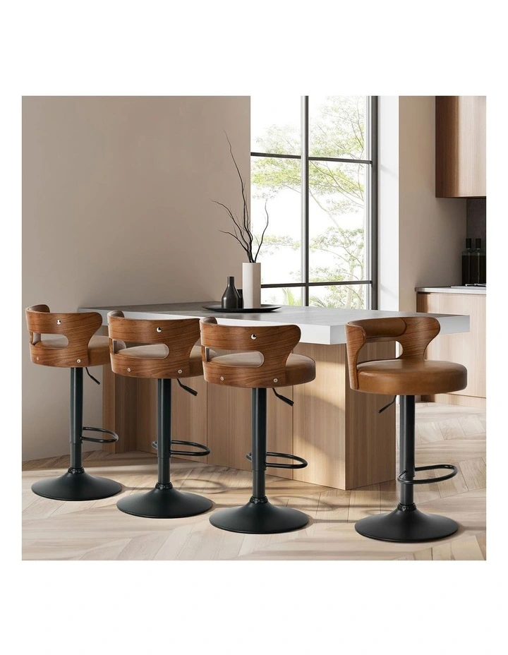 Oikiture 2x Bar Stools Kitchen Gas Lift Swivel Chairs Stool Wooden Leather Camel image 7