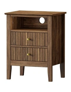 Oikiture Bedside Table Nightstand 2 Drawer with Shelf Storage Cabinet Walnut