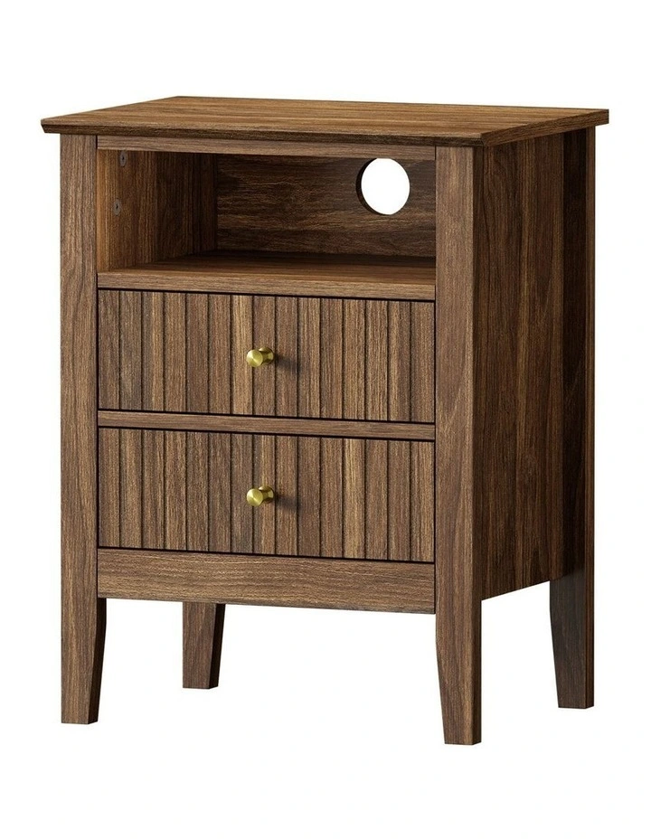 Oikiture Bedside Table Nightstand 2 Drawer with Shelf Storage Cabinet Walnut image 1
