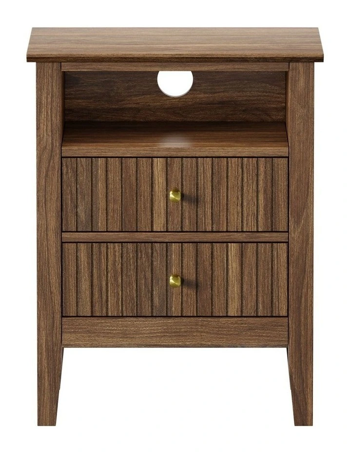 Oikiture Bedside Table Nightstand 2 Drawer with Shelf Storage Cabinet Walnut image 2