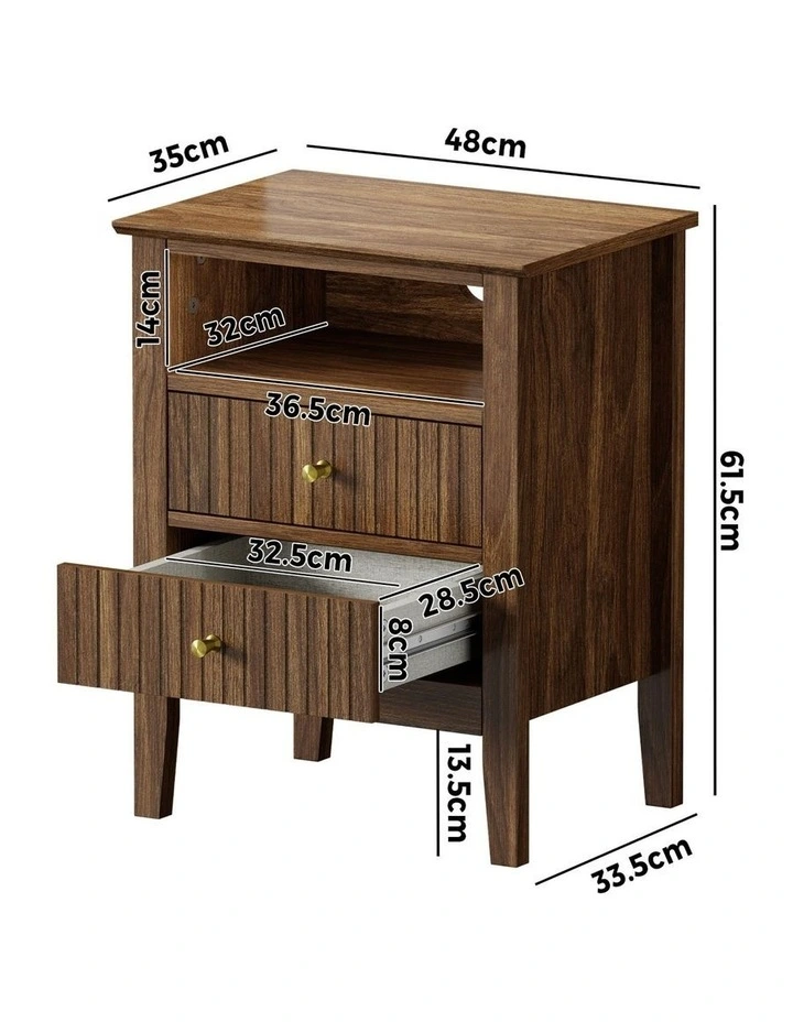 Oikiture Bedside Table Nightstand 2 Drawer with Shelf Storage Cabinet Walnut image 3