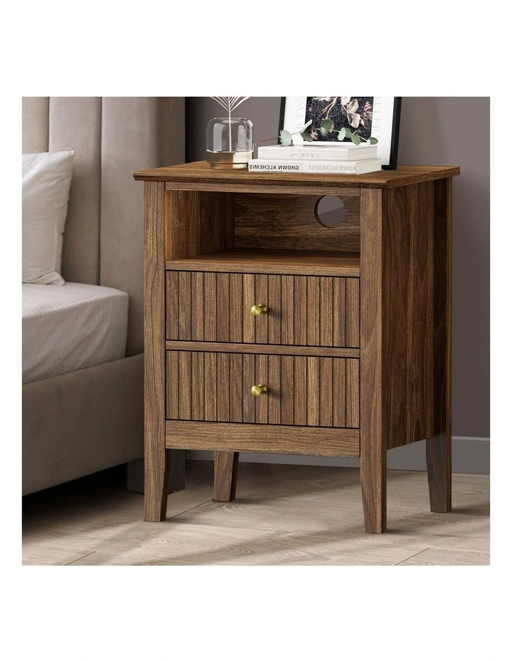 Oikiture Bedside Table Nightstand 2 Drawer with Shelf Storage Cabinet Walnut image 4