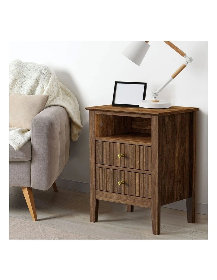 Oikiture Bedside Table Nightstand 2 Drawer with Shelf Storage Cabinet Walnut image 5