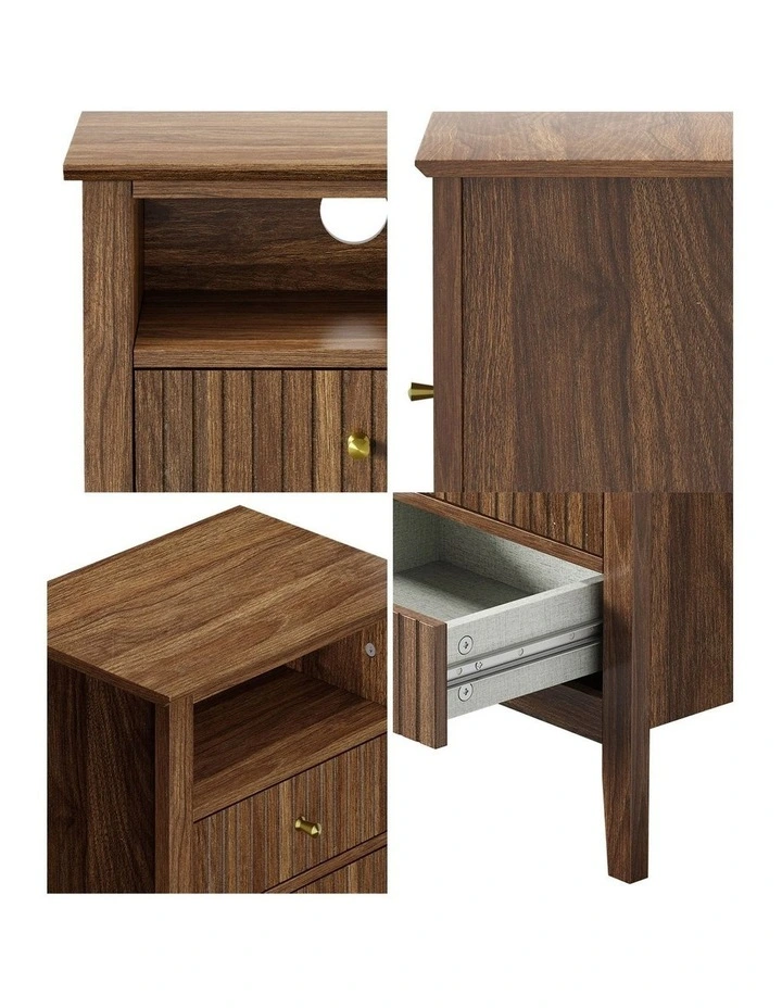 Oikiture Bedside Table Nightstand 2 Drawer with Shelf Storage Cabinet Walnut image 6