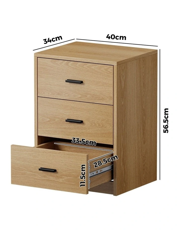 Oikiture Bedside Table 3 Drawers Nightstand Bedroom Storage Side End Natural image 3