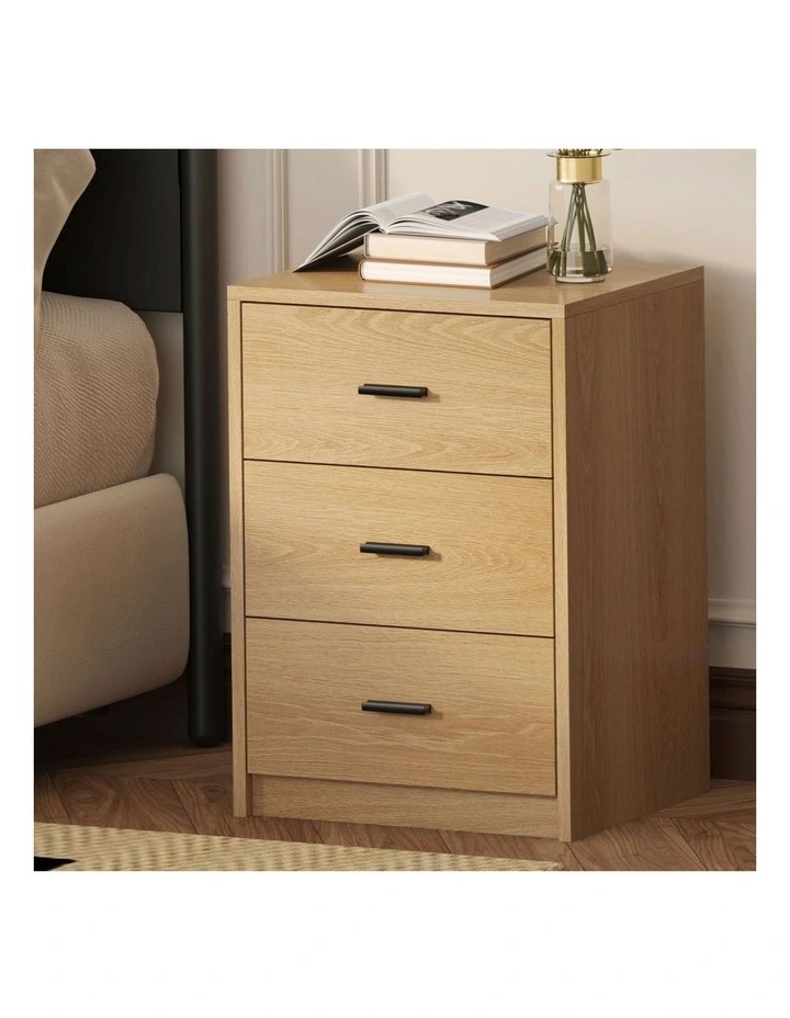 Oikiture Bedside Table 3 Drawers Nightstand Bedroom Storage Side End Natural image 4