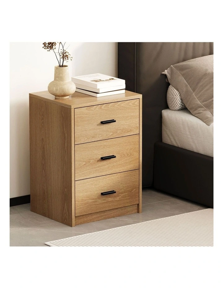 Oikiture Bedside Table 3 Drawers Nightstand Bedroom Storage Side End Natural image 5