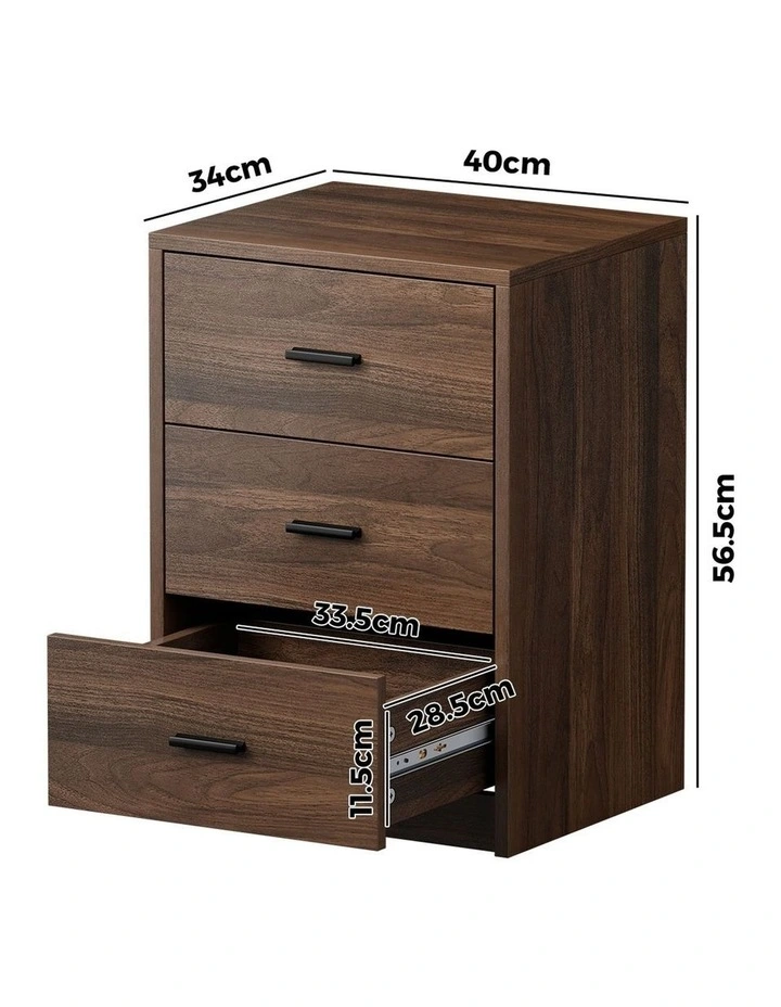 Oikiture Bedside Table 3 Drawers Nightstand Bedroom Storage Side End Walnut image 3
