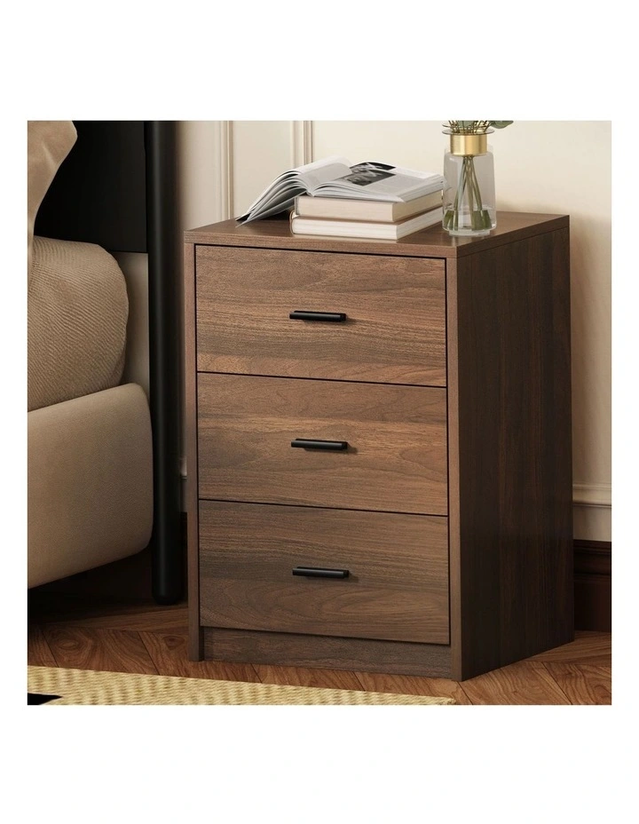 Oikiture Bedside Table 3 Drawers Nightstand Bedroom Storage Side End Walnut image 4